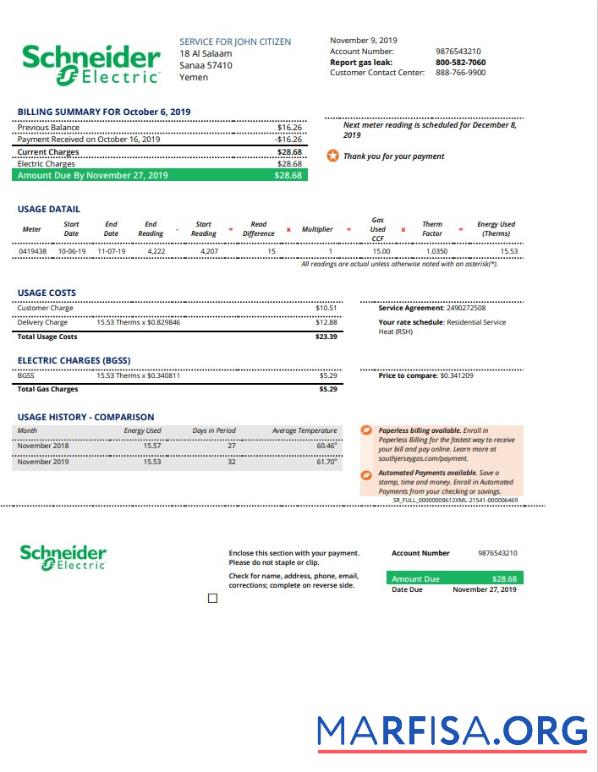 Высокое Качество Йемен Schneider Electric Счёт за коммунальные услуги Счёт Шаблон in Word and PDF Формат